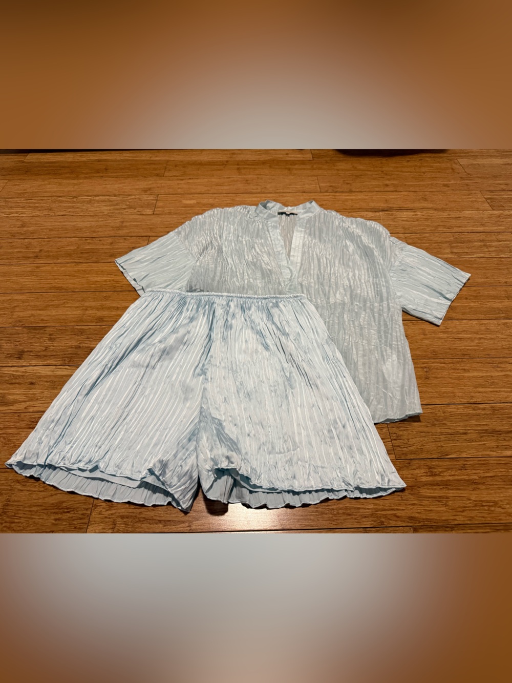 Vince Pale Blue Crinkle Short Sleeve Tunic & Shorts Set